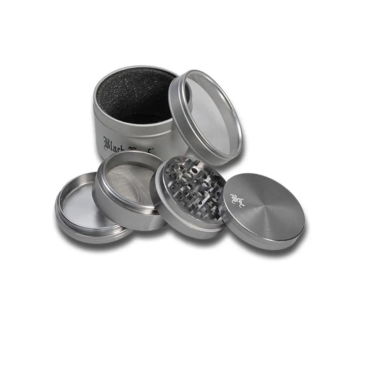 Grinder avec tamis en aluminium Black Leaf BL 4 pièces avec fermeture magnétique