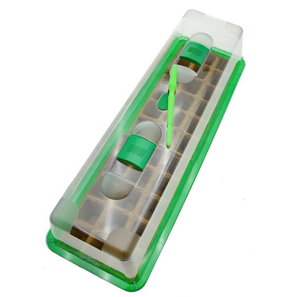 Mini-serre rigide "Anna" (58 x 19 x 19 cm) avec aérateurs + 33 Pots biodégradables (5 x 5 cm) + 2,5 l Terreau à semis + plantoir et étiquettes